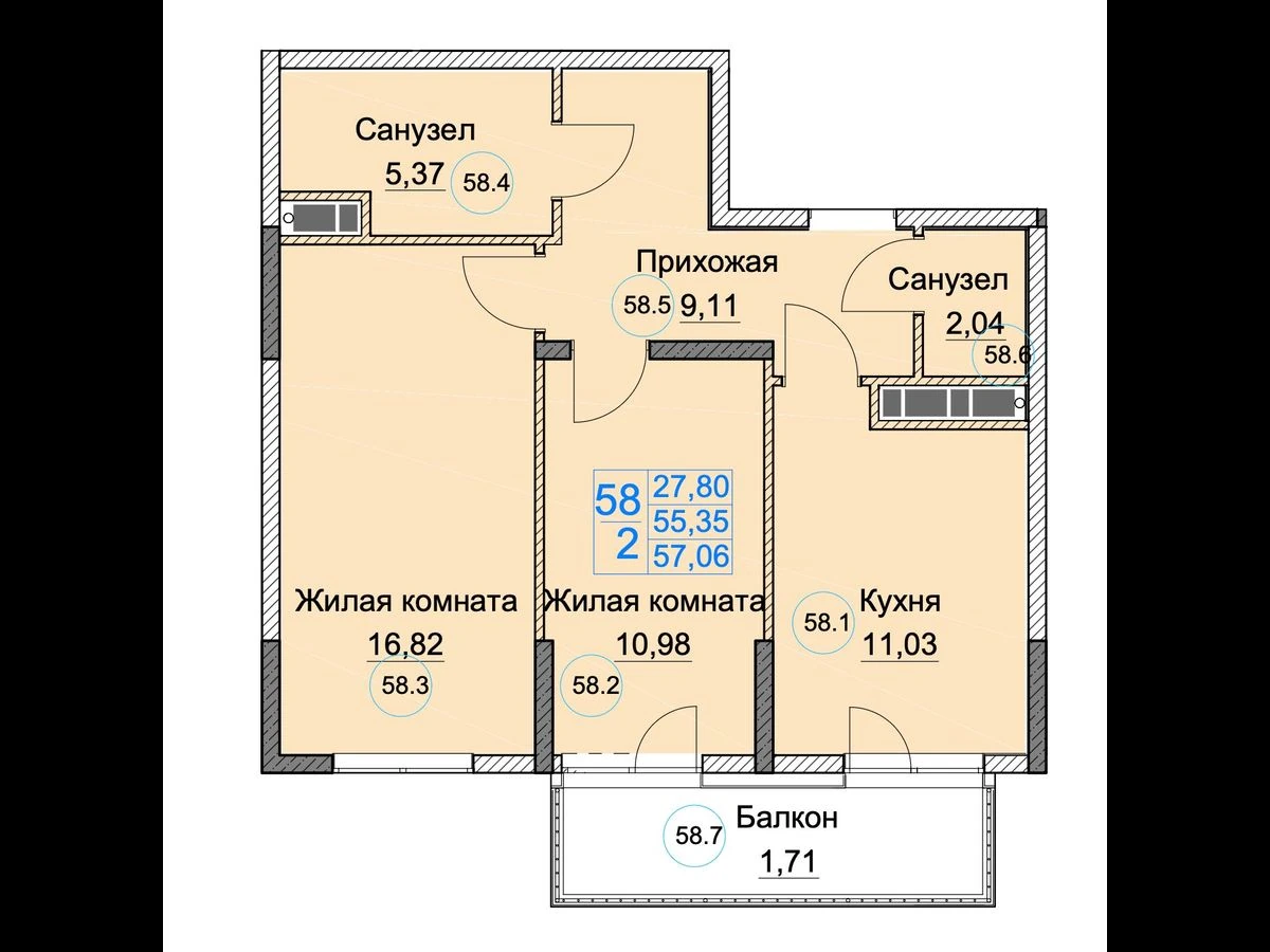 Двухкомнатная квартира площадью 57,06 м²