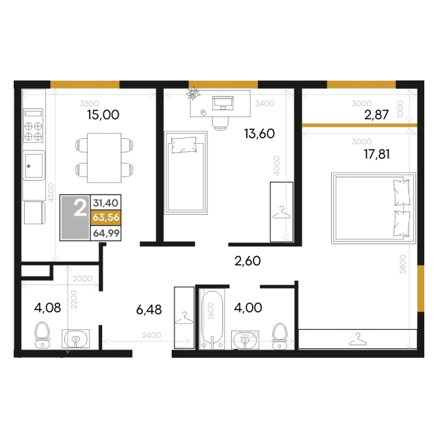 Планировка Двухкомнатная квартира 64,99 м² в Алькор