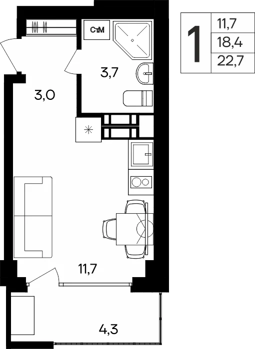 Планировка: Компактные апартаменты, 22,7 м², Апарт-комплекс Almore