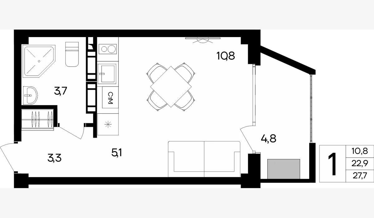 Планировка: Апартаменты с кухней-гостиной, 27,7 м², Апарт-комплекс Almore