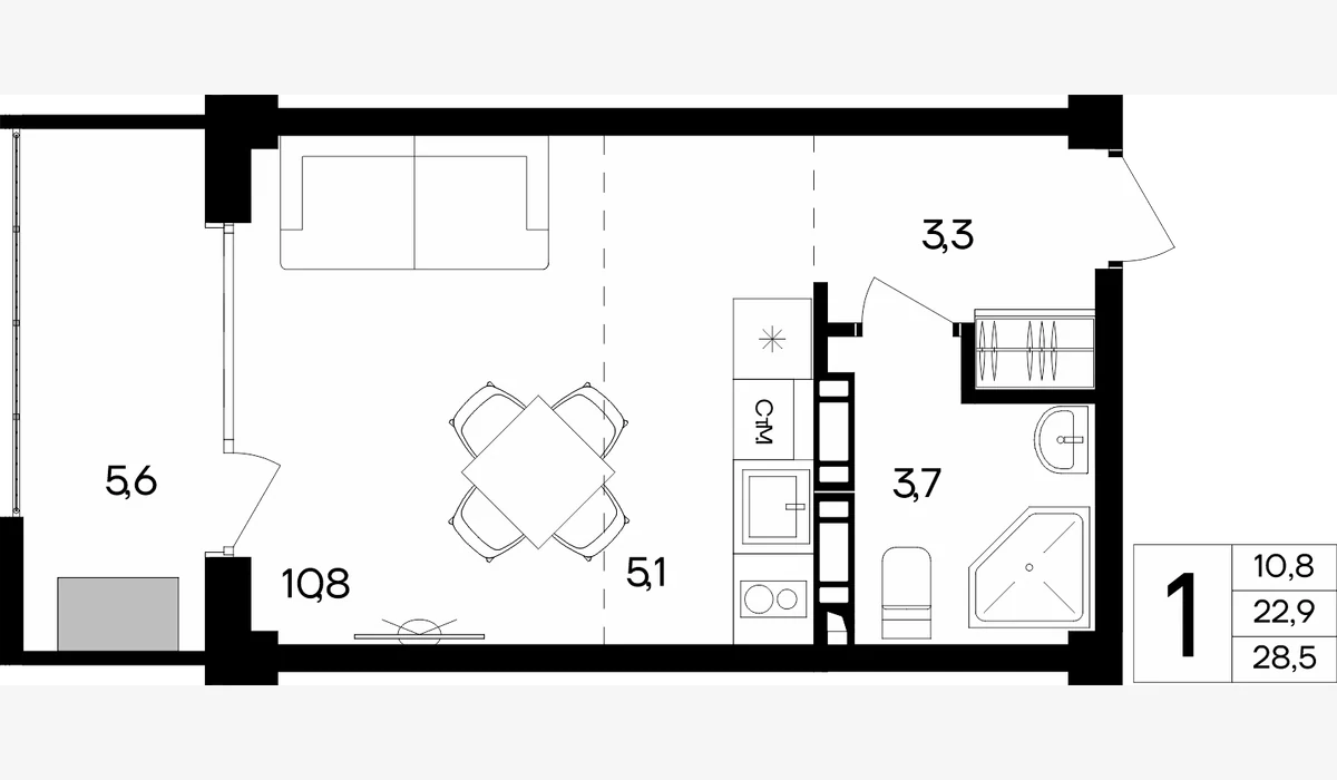 Планировка: Апартаменты с лоджией, 28,5 м², Апарт-комплекс Almore