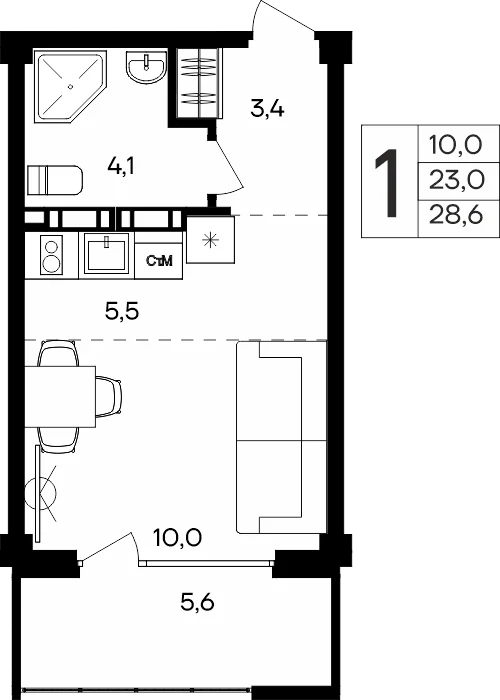 Планировка: Однокомнатные апартаменты, 28,6 м², Апарт-комплекс Almore