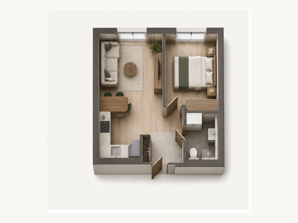 Однокомнатная квартира площадью 35,7 м²