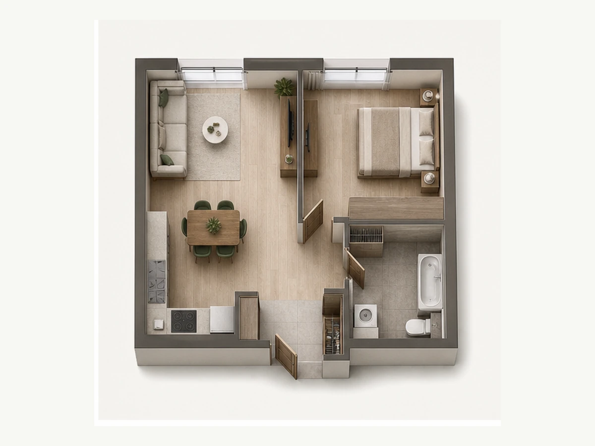 Однокомнатная квартира площадью 47,4 м²