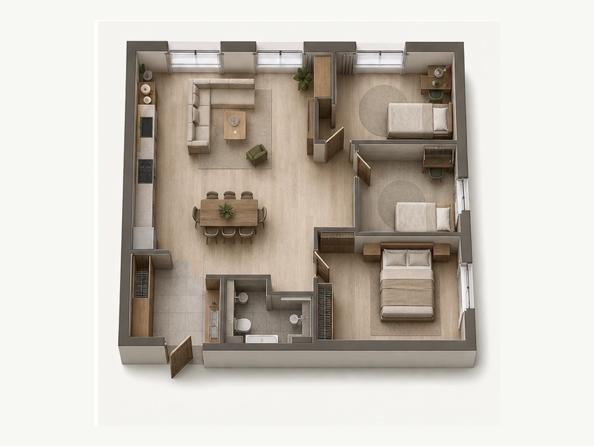 Трёхкомнатная квартира площадью 75,96 м²