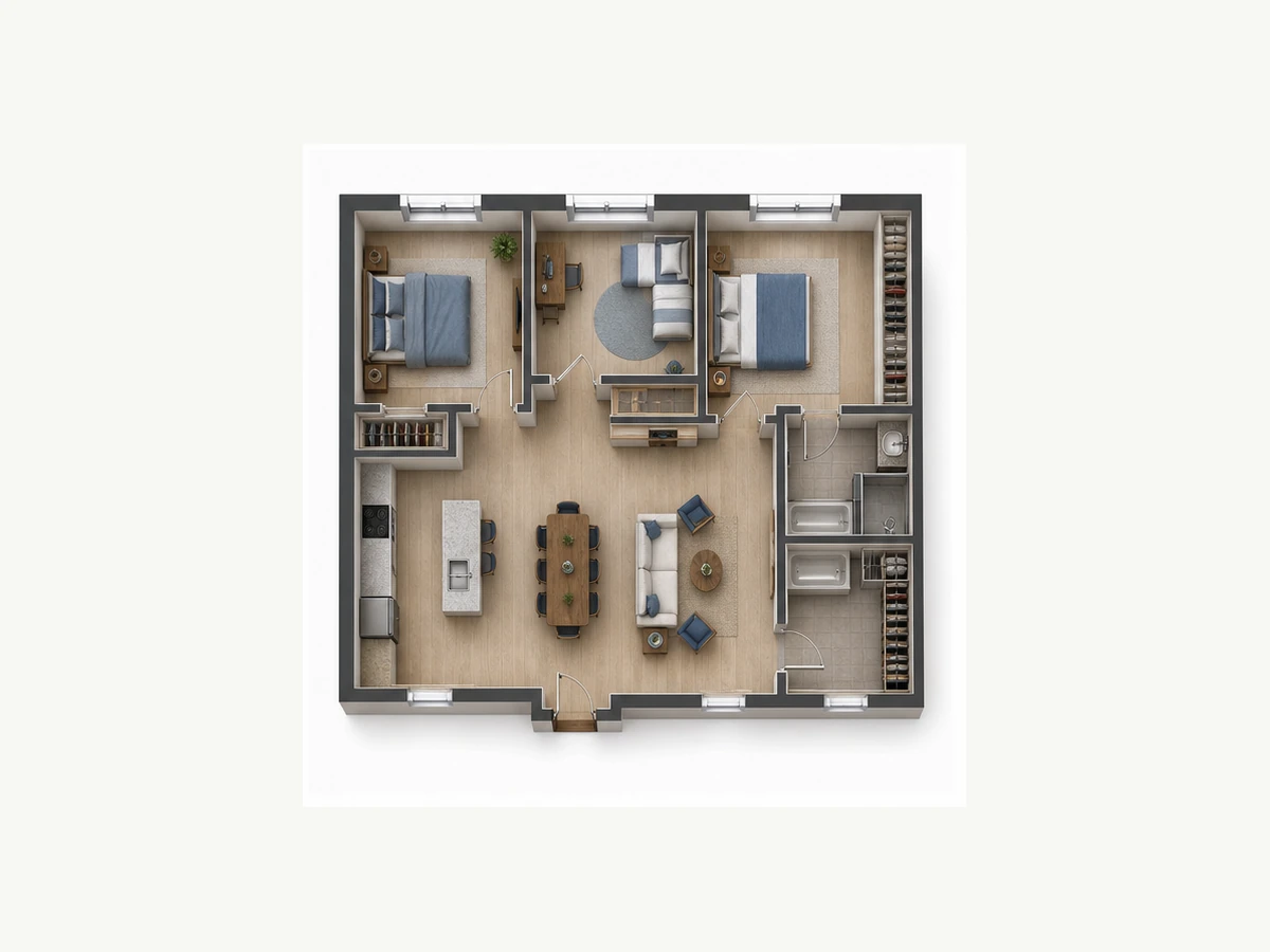 Трёхкомнатная квартира площадью 77,04 м²