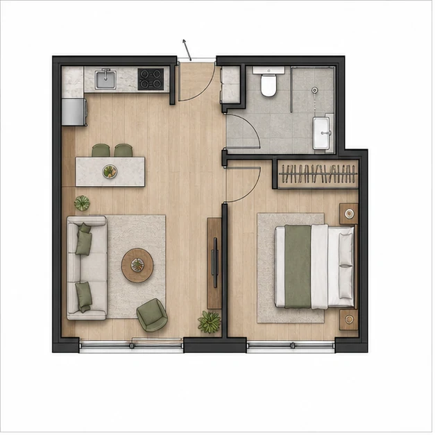 Однокомнатная квартира площадью 36,0 м²