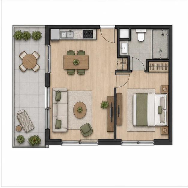 Однокомнатная квартира площадью 45,0 м²