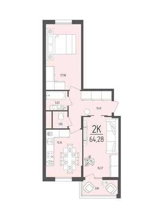 Планировка Двухкомнатная квартира 64,28 м² в Император