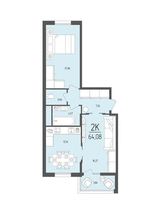 Планировка Двухкомнатная с кухней-гостиной 64,08 м² в Император