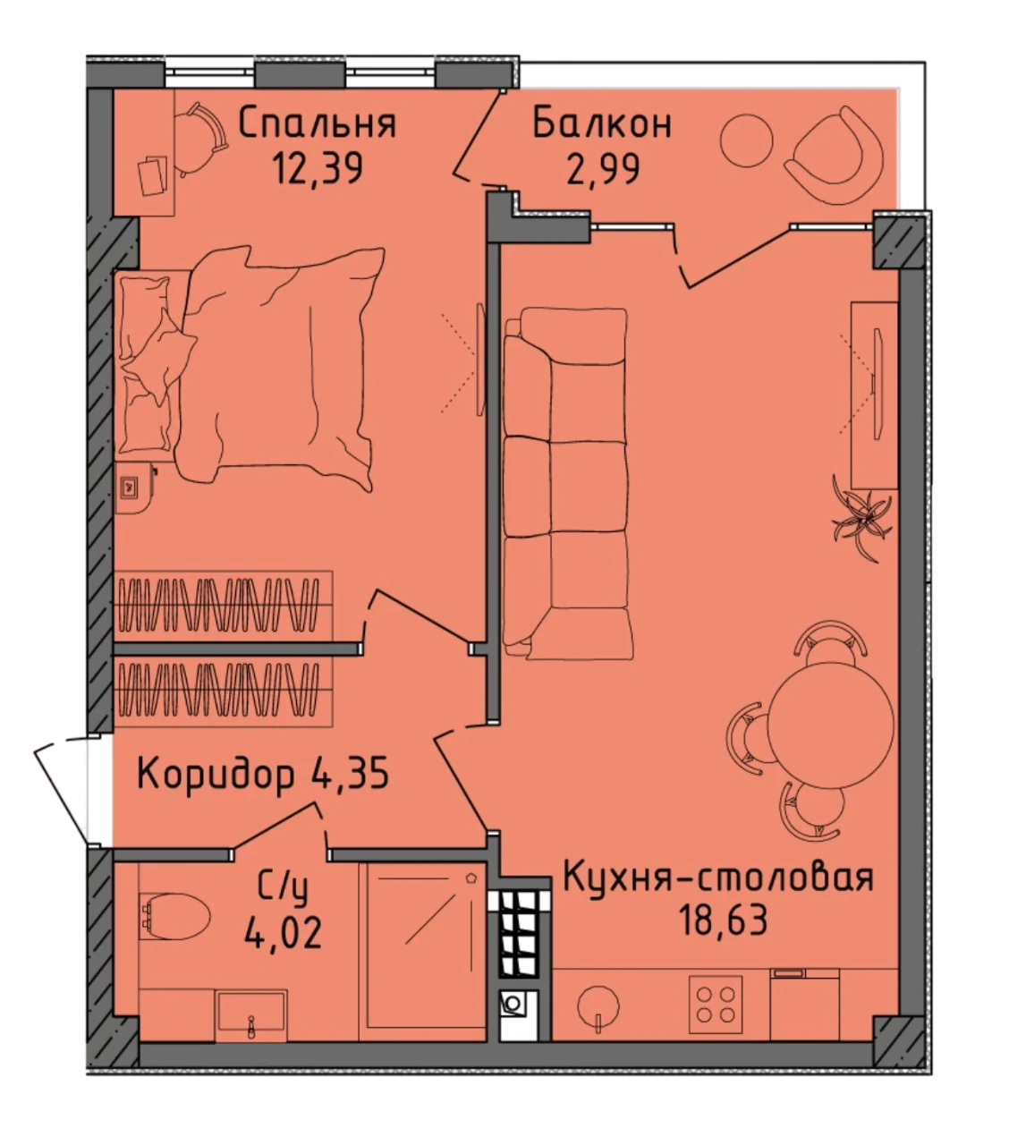 Планировка квартиры 37,33 м² в первой очереди ЖК «Ласка»