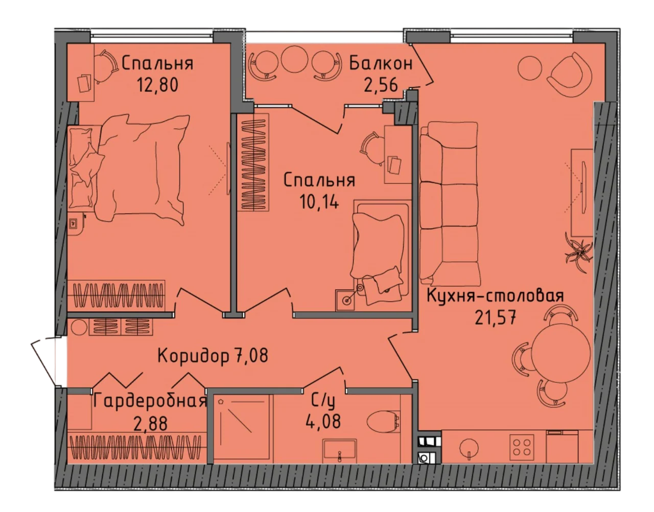 Планировка квартиры с двумя спальнями площадью 61,11 м² в ЖК «Ласка»