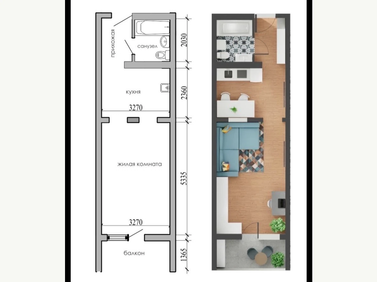 Однокомнатная квартира площадью 34,0 м²