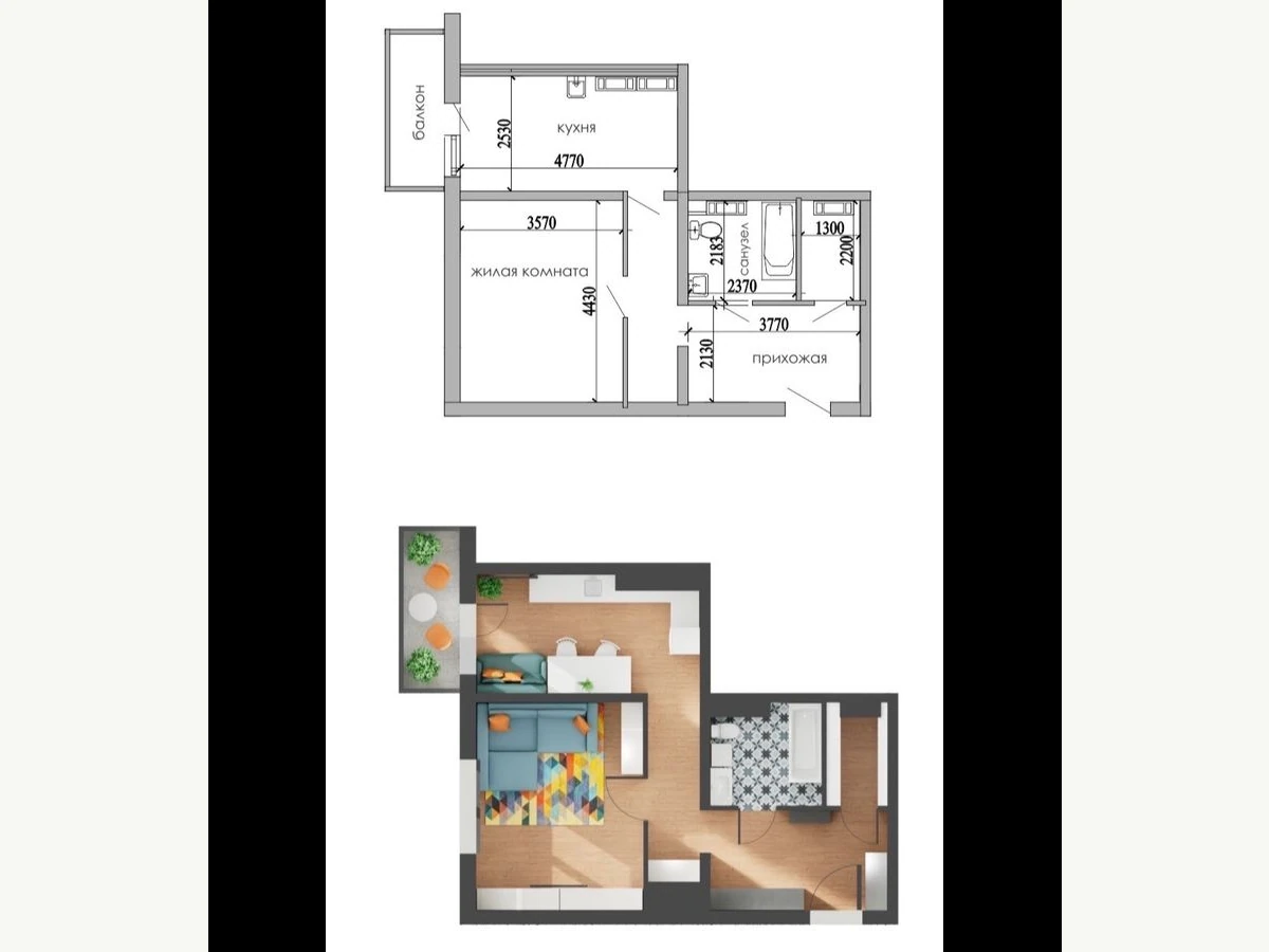 Однокомнатная квартира площадью 38,5 м²