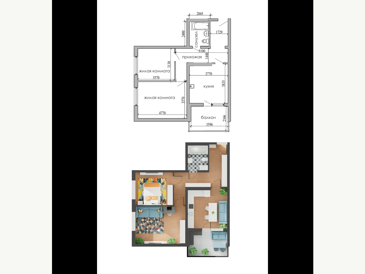Однокомнатная квартира площадью 47,2 м²