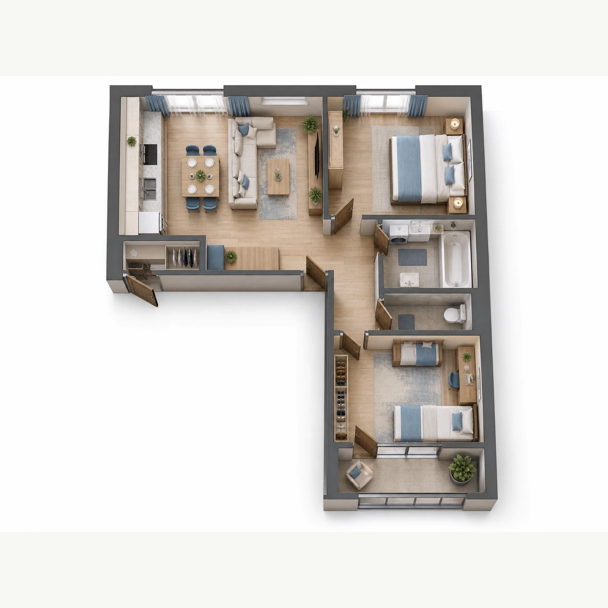 Схема планировочного формата: Двухкомнатная квартира, 54,3 м²