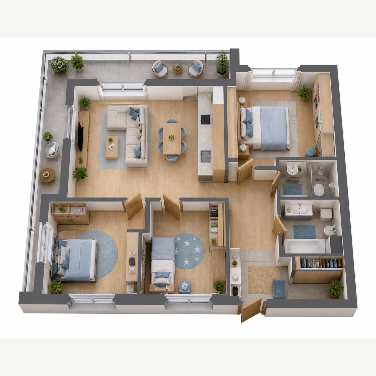 Схема планировочного формата: Трёхкомнатная квартира, 73,6 м²