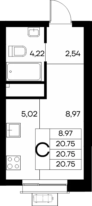 Планировка: Студия, 20,75 м², ЖК «Новый Судак»