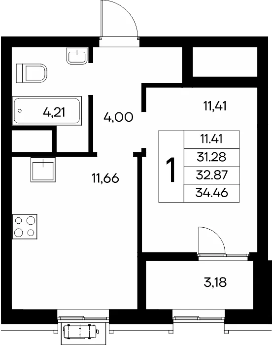 Планировка: Однокомнатная квартира, 34,46 м², ЖК «Новый Судак»