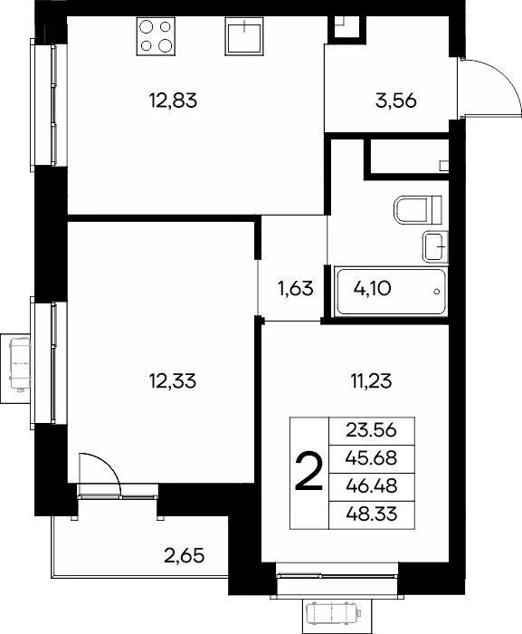 Планировка: Двухкомнатная квартира, 48,33 м², ЖК «Новый Судак»