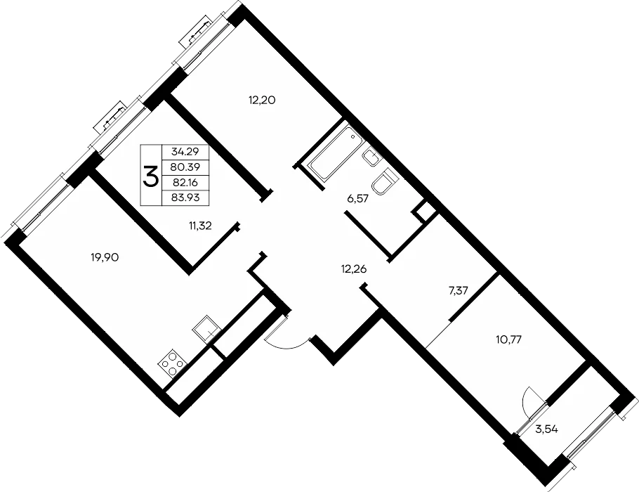 Планировка: Трёхкомнатная квартира, 83,93 м², ЖК «Новый Судак»