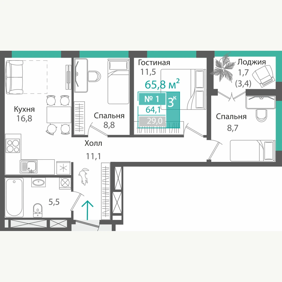 Схема планировочного формата: Трёхкомнатная квартира, 64,1 м²