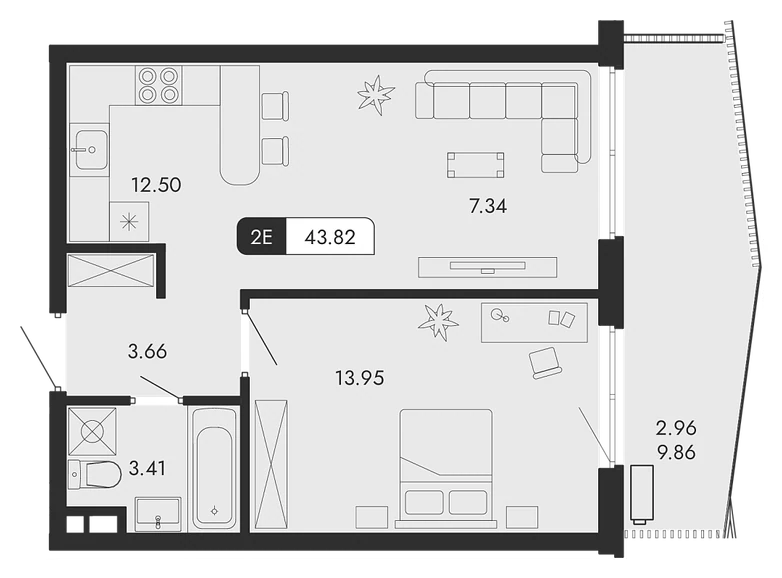 Планировка 2Е с видом на променад 43,82 м² в Парковой Резиденции