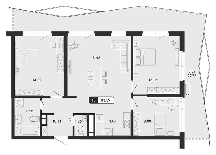 Планировка 3Е квартира 60,87 м² в Парковой Резиденции
