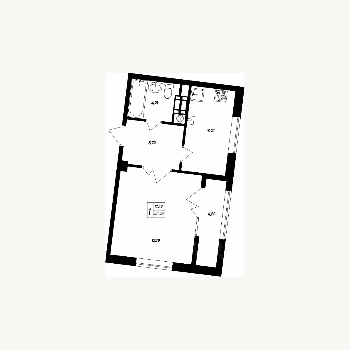 Однокомнатная планировка площадью 40,45 м²