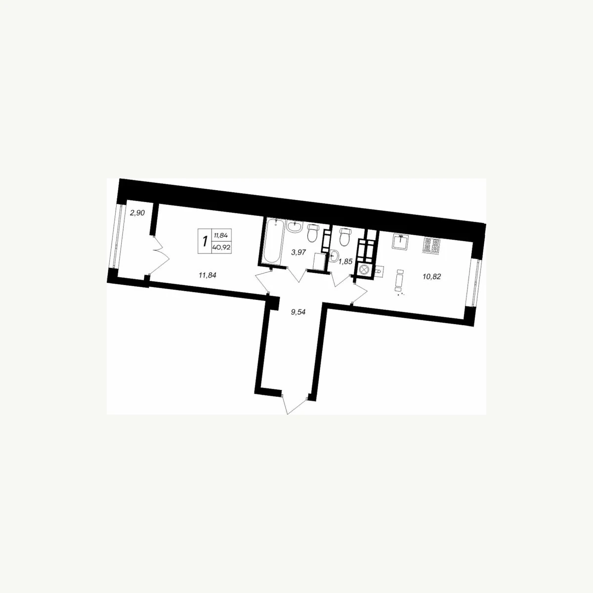 Однокомнатная планировка площадью 40,92 м²