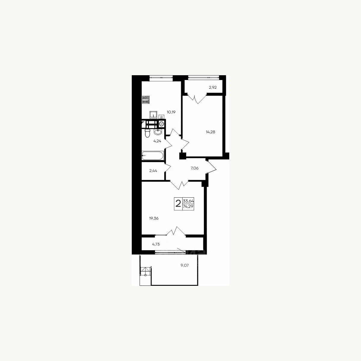 Двухкомнатная планировка площадью 74,29 м²