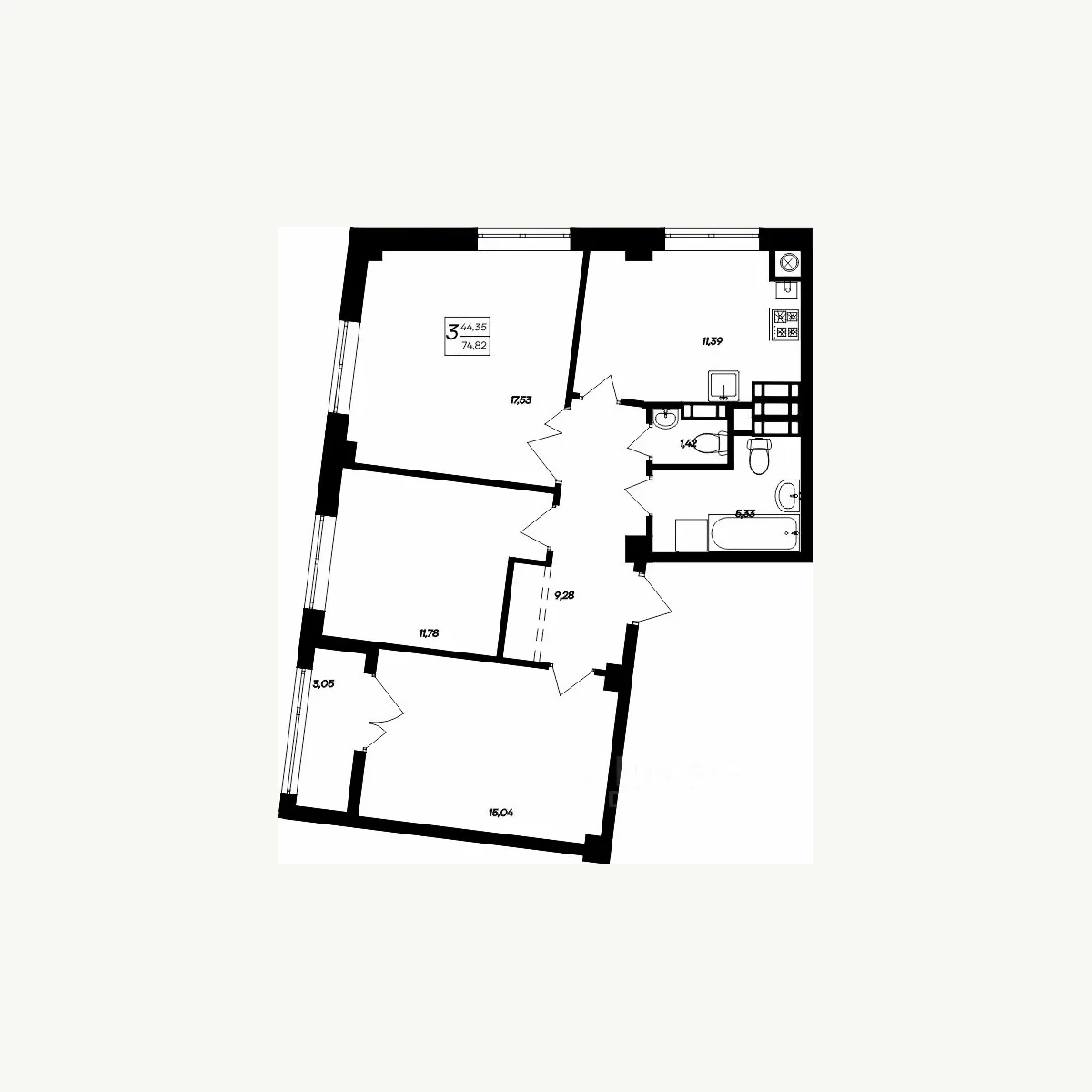 Трёхкомнатная планировка площадью 74,82 м²