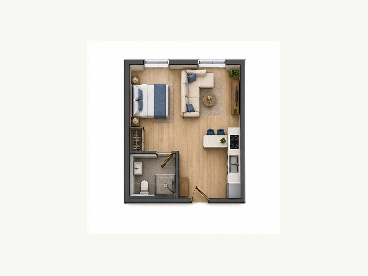 Однокомнатная квартира площадью 34,46 м²
