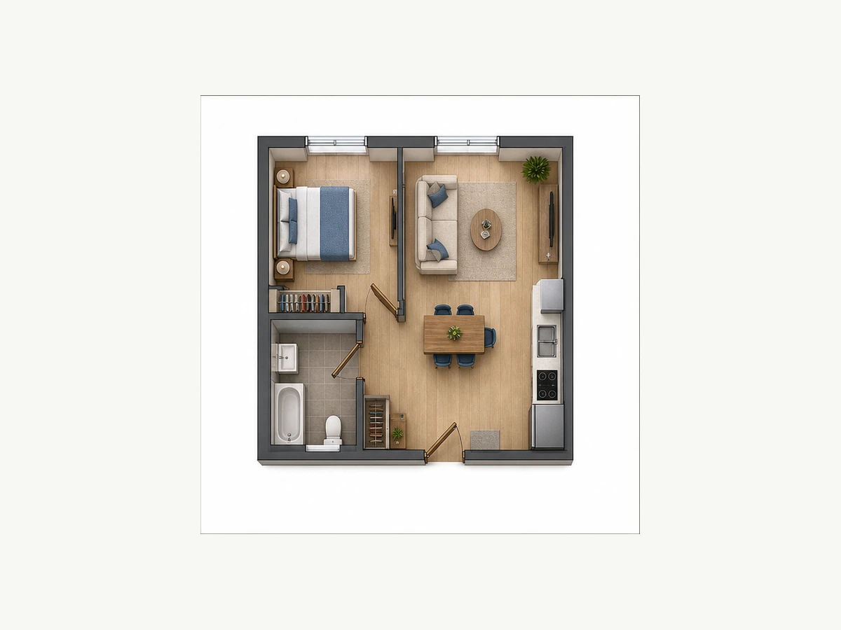 Однокомнатная квартира площадью 42,7 м²