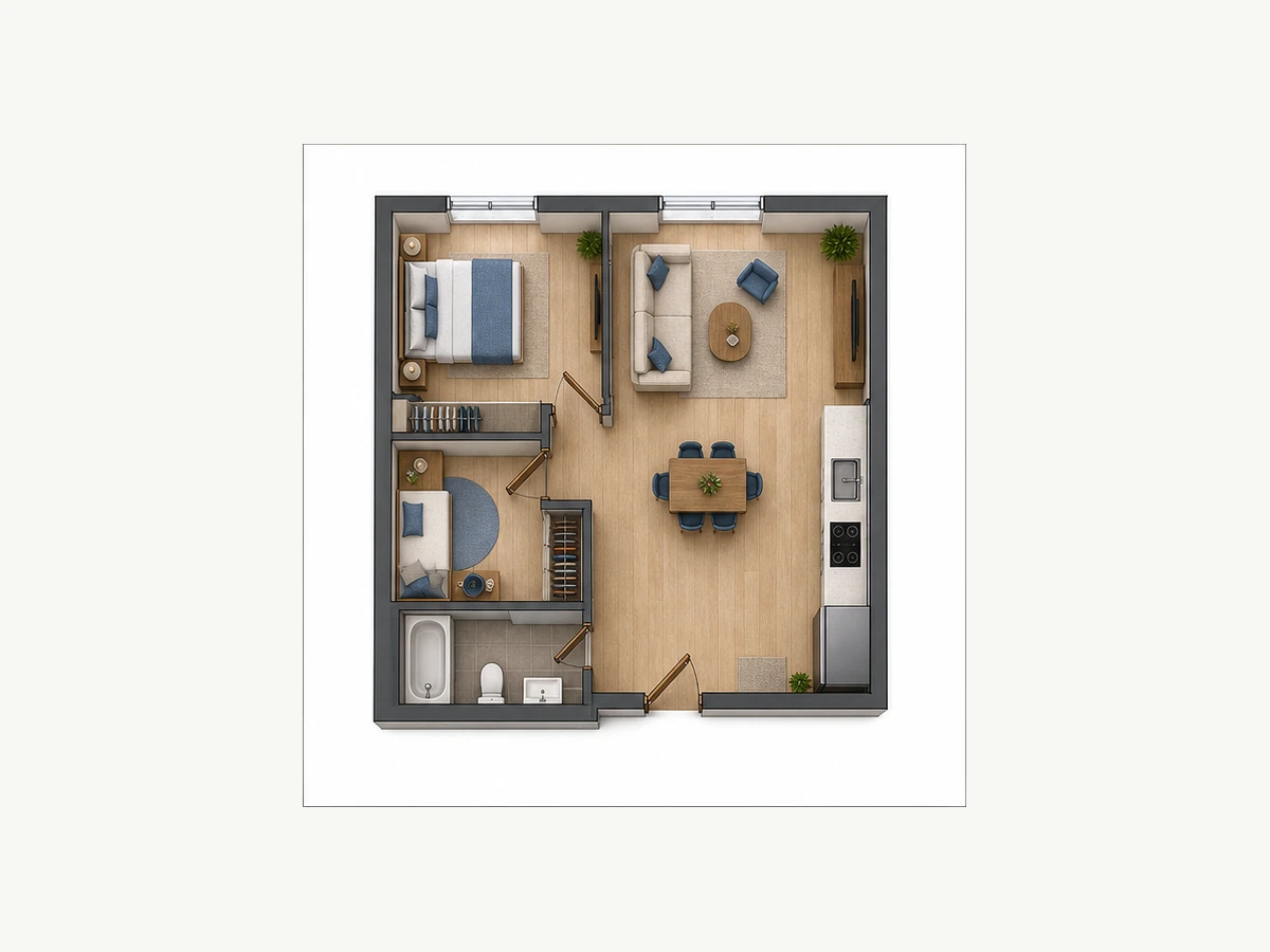Двухкомнатная квартира площадью 56,37 м²