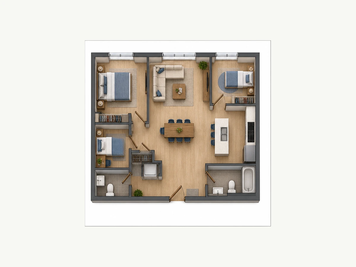 Трёхкомнатная квартира площадью 78,35 м²