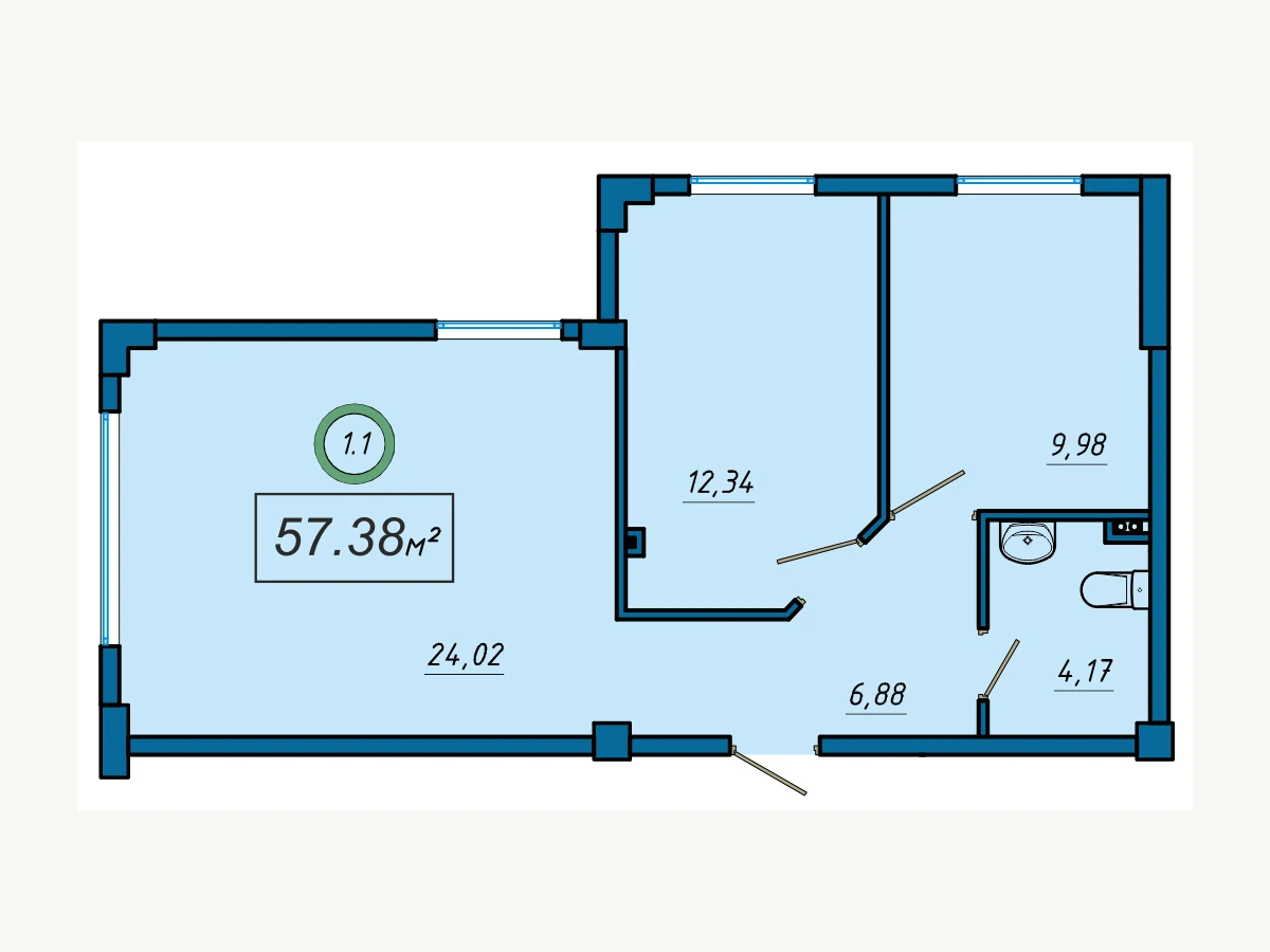 Квартира площадью 57,38 м²
