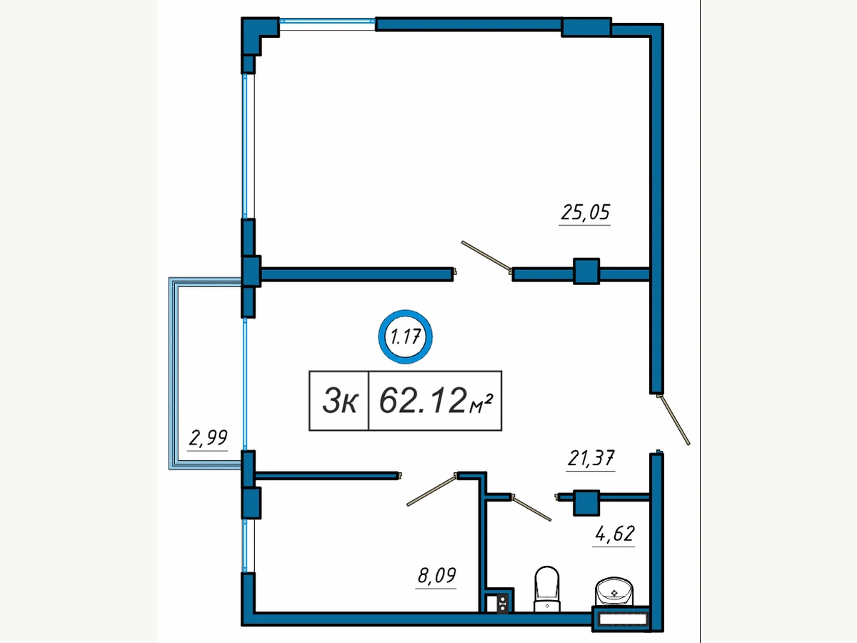 Квартира площадью 62,12 м²