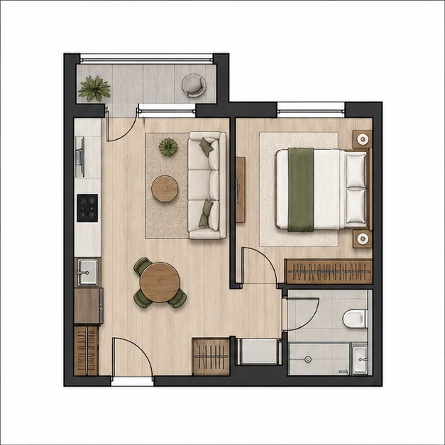 Однокомнатная квартира площадью 33,54 м²