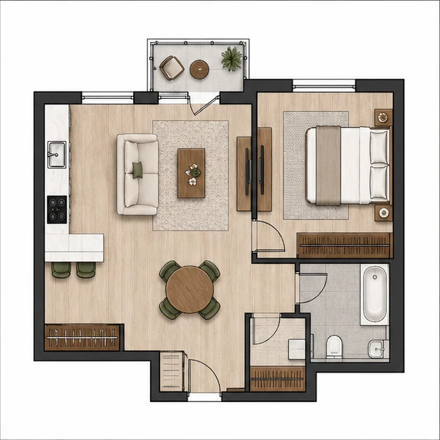 Однокомнатная квартира площадью 35,39 м²