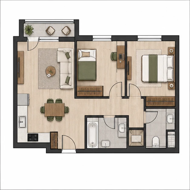 Двухкомнатная квартира площадью 57,61 м²
