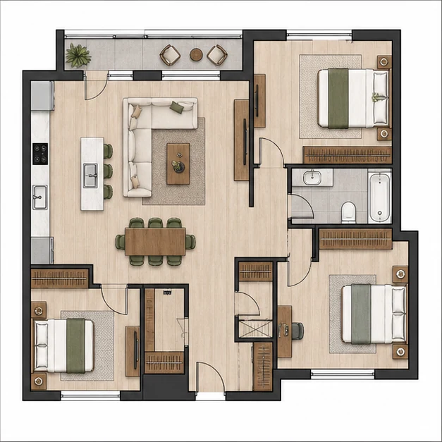 Трёхкомнатная квартира площадью 77,5 м²
