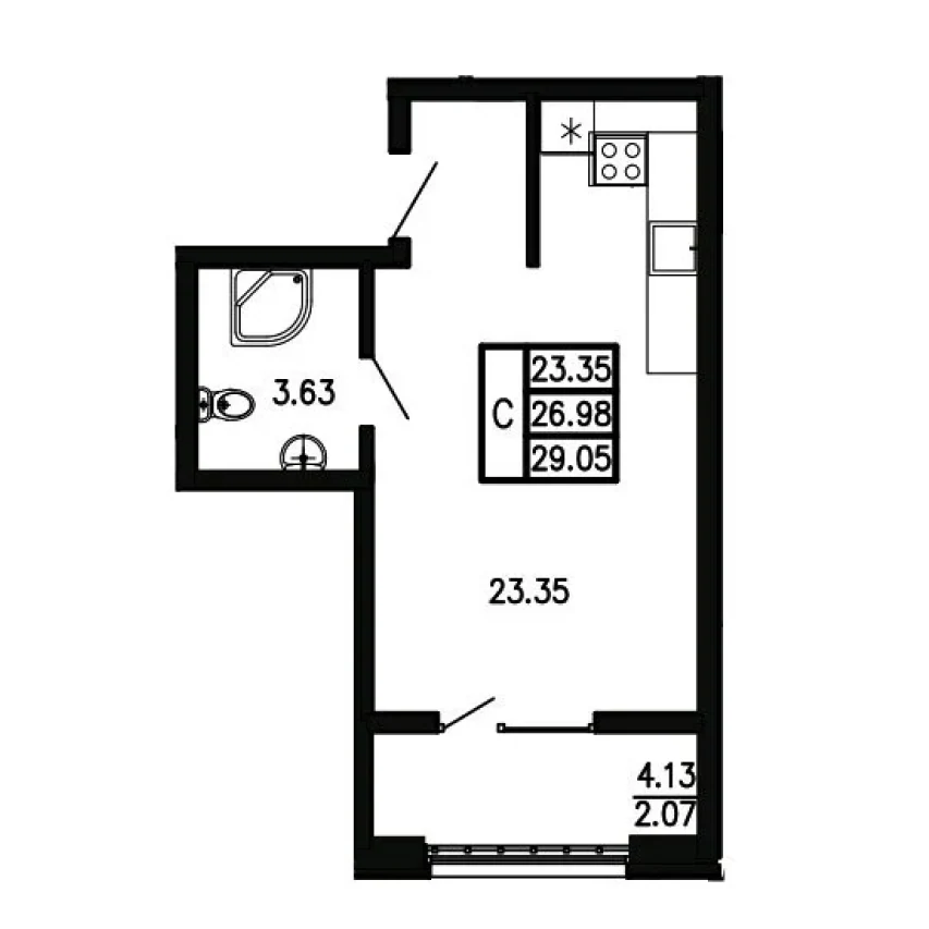 Планировка: Студия, 29,05 м², ЖК «Просторы Крыма»