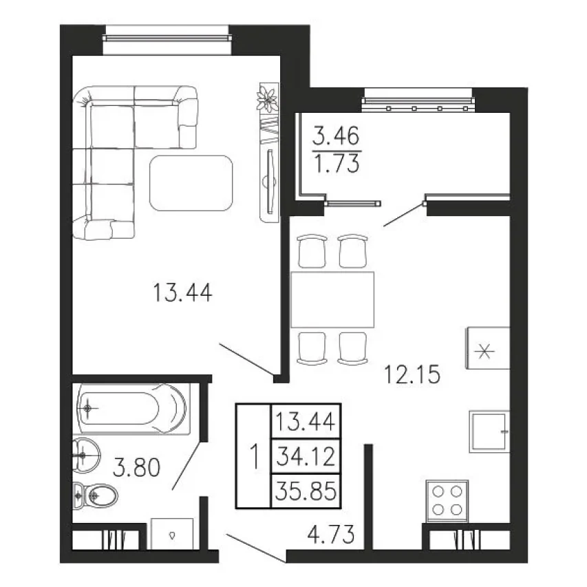 Планировка: Однокомнатная квартира, 35,85 м², ЖК «Просторы Крыма»
