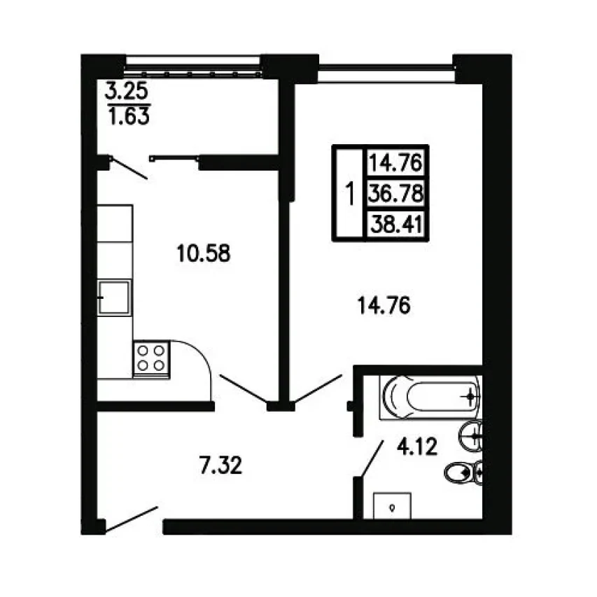 Планировка: Однокомнатная квартира, 38,41 м², ЖК «Просторы Крыма»