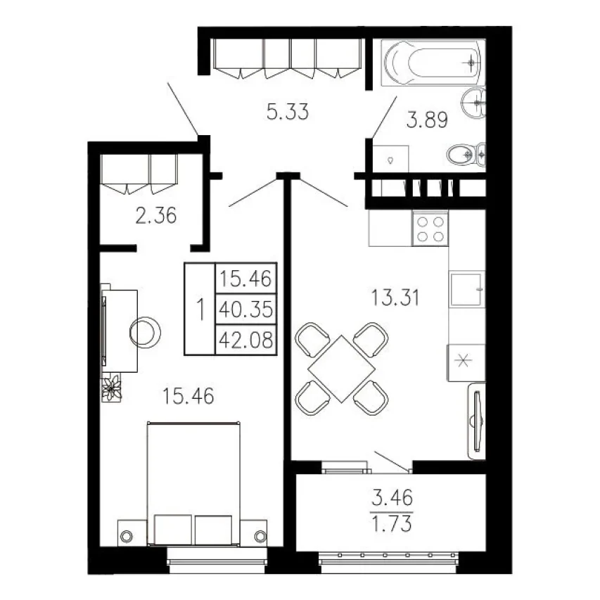 Планировка: Евродвухкомнатная квартира, 42,08 м², ЖК «Просторы Крыма»