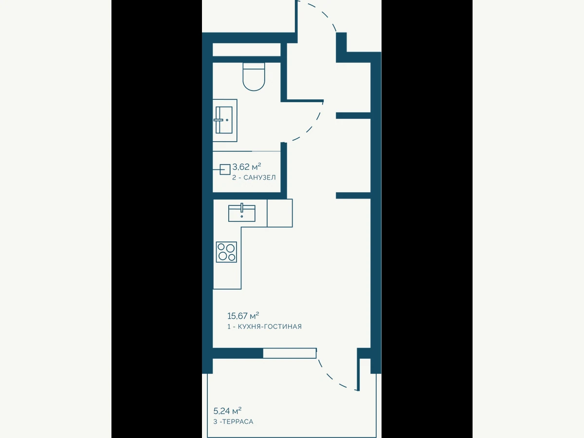 Студия площадью 27,16 м²