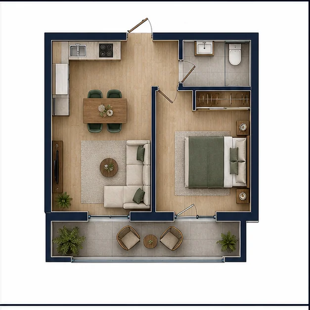 Однокомнатная квартира площадью 41,5 м²