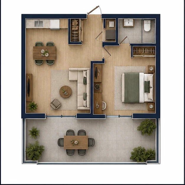 Однокомнатная квартира площадью 55,6 м²
