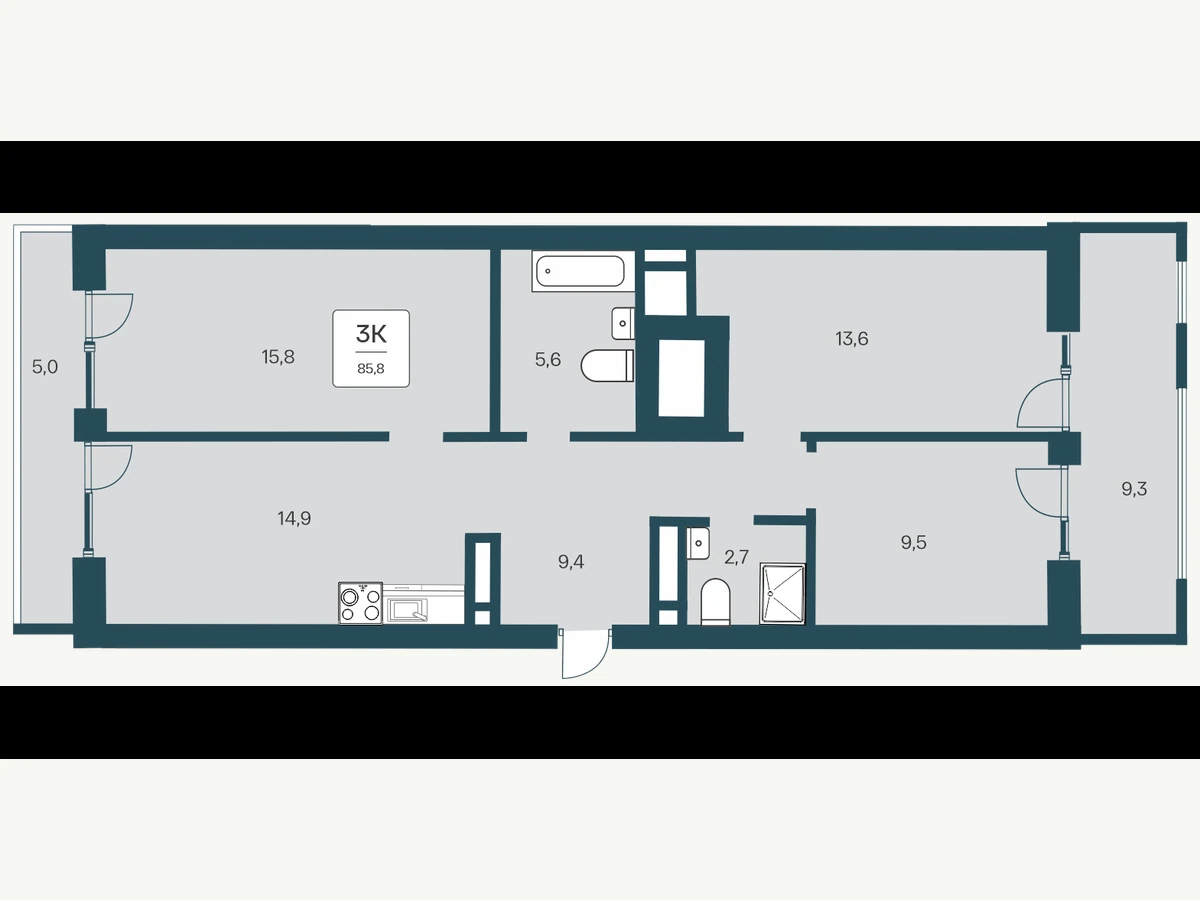 Однокомнатная квартира площадью 38,0 м²